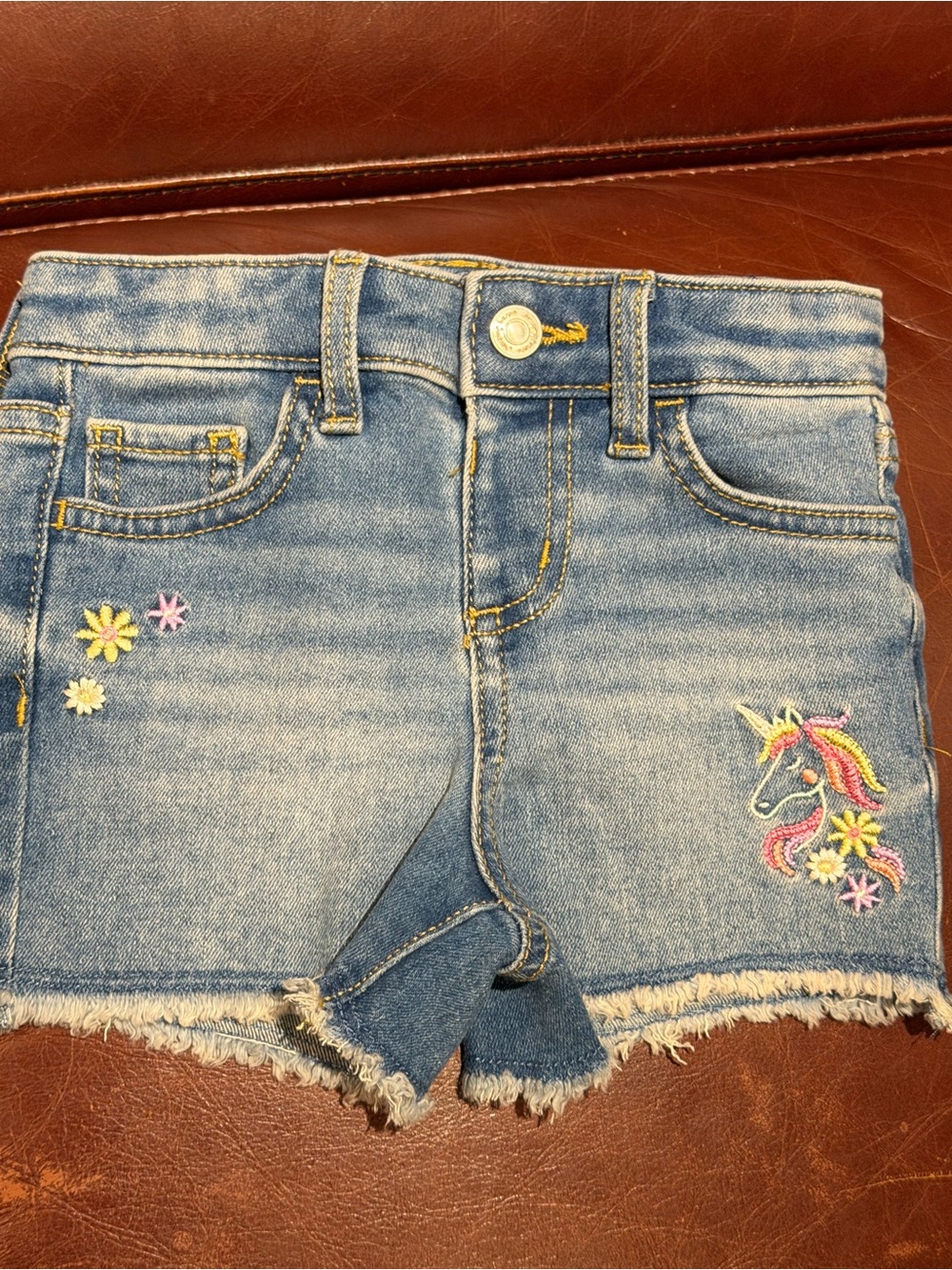 Girls' Light Blue Denim Shorts with Unicorn Embroidery 2T